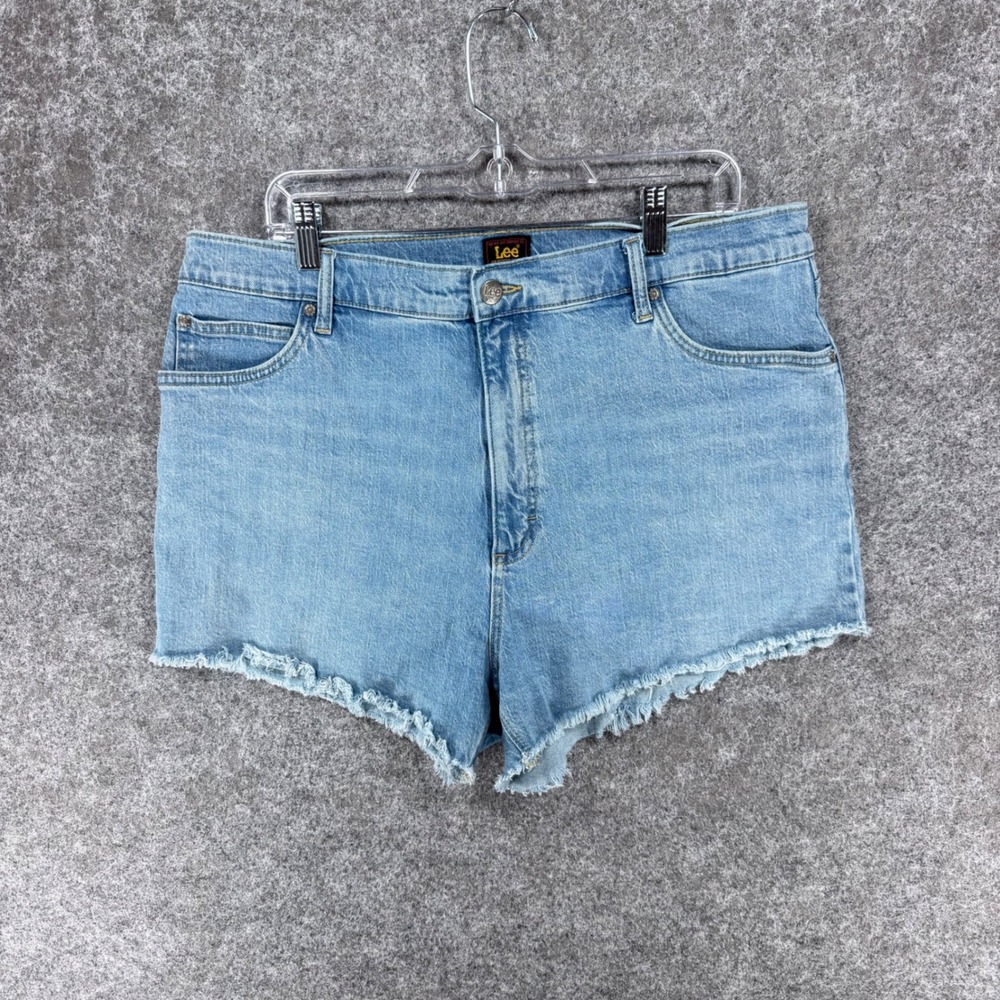 Lee Size 35 Denim Cutoff Shorts Blue High Rise Raw Hem Distressed Stretch